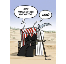 Dessin animé : deux faucheuses dans un fauteuil de plage avec des bulles de dialogue