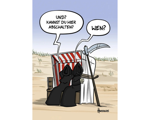 Dessin animé : deux faucheuses dans un fauteuil de plage avec des bulles de dialogue