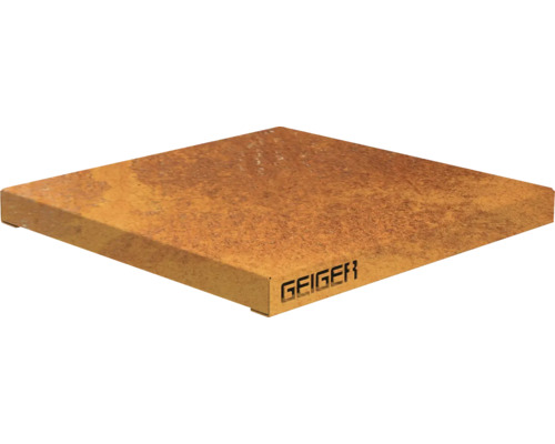 Tischauflage Palatino TOP Corten-Stahl 60 x 60 x 9 cm rost Geiger Logo auf einer quadratischen Metallplatte