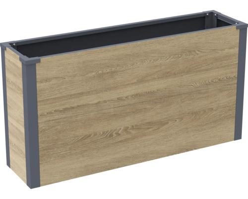 Rechteckiges Hochbeet aus Holzoptik Elementen mit Metallrahmen für den Garten oder die Terrasse.