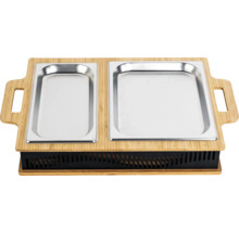 Réchaud avec deux récipients en acier inoxydable et cadre en bambou