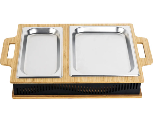 Réchaud avec deux récipients en acier inoxydable et cadre en bambou