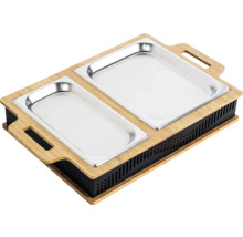 Chauffe-plat avec deux récipients en acier inoxydable et un cadre en bambou