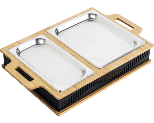 Chauffe-plat avec deux récipients en acier inoxydable et un cadre en bambou