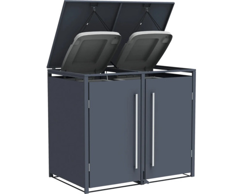 Doppel-Mülltonnenbox mit geöffnetem Deckel und zwei Müllbehältern