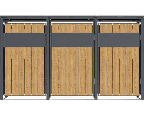 Mülltonnenbox aus Holz und Metall für drei Mülltonnen