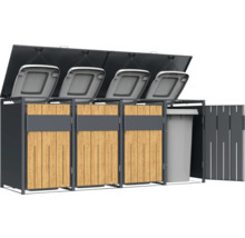 Mülltonnenbox mit vier Fächern, Holzverkleidung und Metallrahmen