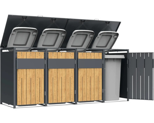 Mülltonnenbox mit vier Fächern, Holzverkleidung und Metallrahmen