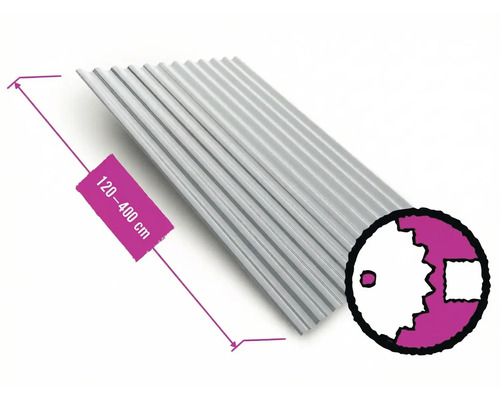 Tôle ondulée PRECIT Sinus S18 76/18 RAL 9006 aluminium blanc 883 mm x 0,4 mm (au mètre à partir de 120 jusqu’à 600 cm max.) Tôles profilées d'une longueur de 120 à 400 cm
