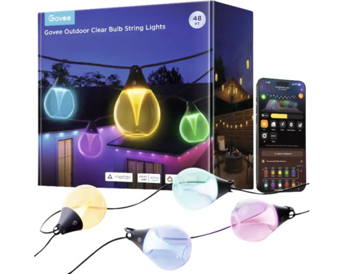 Govee Outdoor-Lichterkette mit klaren Glühbirnen, Länge 14,6 Meter, mit Smartphone App