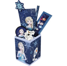 Set de bureau avec motifs de La Reine des neiges, comprenant un pot à crayons, un bloc-notes, un crayon, une règle, une gomme et un trombone