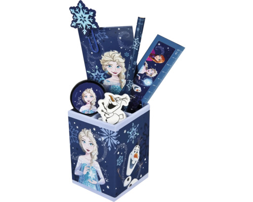 Set de bureau avec motifs de La Reine des neiges, comprenant un pot à crayons, un bloc-notes, un crayon, une règle, une gomme et un trombone