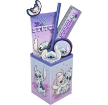 Set de bureau avec règle, crayon, gomme, taille-crayon, bloc-notes et trombone avec motif Stitch