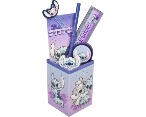 Set de bureau avec règle, crayon, gomme, taille-crayon, bloc-notes et trombone avec motif Stitch