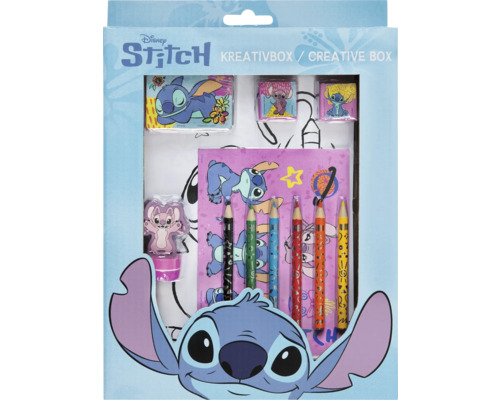 Boîte créative Disney Stitch avec bloc-notes, crayons, gommes et taille-crayon