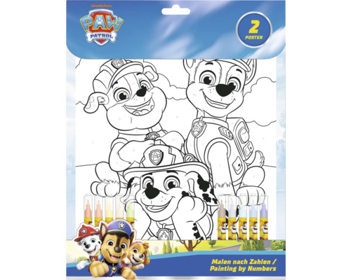 Kit de peinture numérotée avec deux posters à colorier des personnages de Paw Patrol.