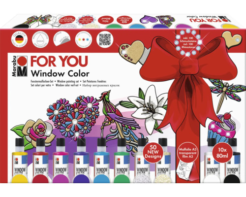 Marabu For You Window Color Set mit Fensterfarben, inklusive Malfolie und Strasssteinen