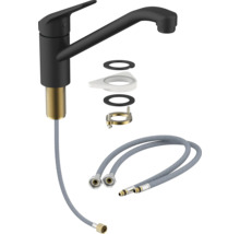 Küchenarmatur in Schwarz mit flexiblen Anschlussschläuchen und Befestigungsmaterial