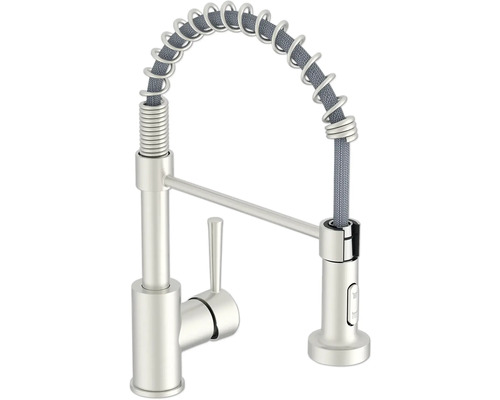 Robinet de cuisine SERIES avec douchette TIBER acier inoxydable satiné Robinet de cuisine avec bec flexible et mitigeur monocommande