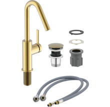 Robinet de lavabo couleur or avec garniture de vidange et flexibles de raccordement
