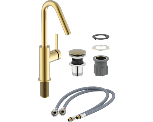 Robinet de lavabo couleur or avec garniture de vidange et flexibles de raccordement