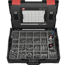 Boîte d'assortiment de vis ouverte avec vis à tête cylindrique, frein filet et logo Inbus