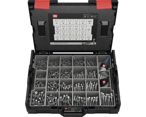 Boîte d'assortiment de vis ouverte avec vis à tête cylindrique, frein filet et logo Inbus
