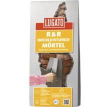 Lugato R und R Hochleistungsmörtel Verpackung vor einer ausgebesserten Ziegelwand