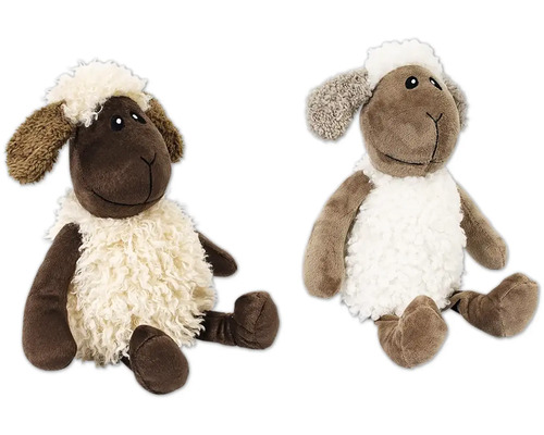 Zwei Stoffschaf-Spielzeuge sitzen nebeneinander
