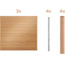 Trois éléments de clôture en bois, quatre poteaux métalliques et quatre poteaux de clôture avec couvercle