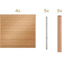 Quatre éléments de clôture en bois, cinq poteaux métalliques et cinq capuchons de poteau.