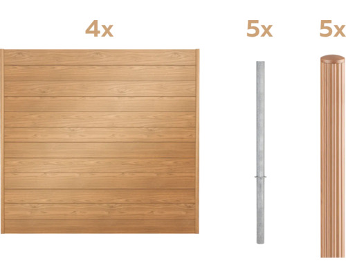 Quatre éléments de clôture en bois, cinq poteaux métalliques et cinq capuchons de poteau.