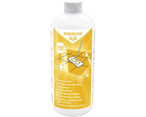 Fliesenreiniger in einer weißen Flasche mit gelbem Etikett