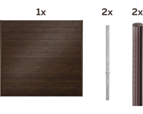 Un panneau de clôture en bois, deux poteaux métalliques à bétonner et deux capuchons de recouvrement pour poteaux de clôture