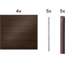 Quatre éléments de clôture en bois, cinq poteaux de clôture en métal et cinq poteaux de clôture avec capuchon