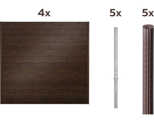 Quatre éléments de clôture en bois, cinq poteaux de clôture en métal et cinq poteaux de clôture avec capuchon