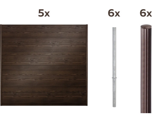 Panneau de clôture en bois avec six poteaux en métal et six poteaux avec couvercle