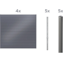 Quatre éléments de clôture gris et dix poteaux de clôture métalliques