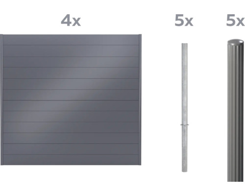 Quatre éléments de clôture gris et dix poteaux de clôture métalliques