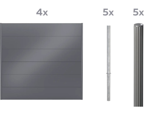 Quatre éléments de clôture et dix poteaux de clôture