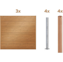 Trois éléments de clôture, quatre poteaux de clôture en métal et quatre poteaux de clôture avec capuchon