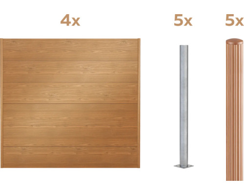 Quatre éléments de clôture en bois et dix poteaux de clôture