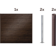 Ensemble complet composé d'un élément de clôture, d'un poteau métallique et d'un poteau de clôture avec capuchon