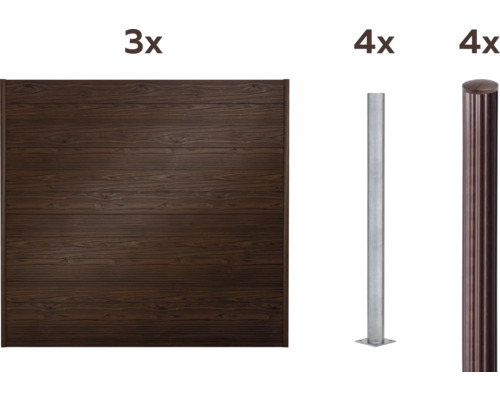 Trois éléments de clôture en bois avec quatre poteaux de clôture et quatre poteaux de clôture avec capuchon
