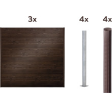 Trois éléments de clôture en bois, quatre poteaux en acier et quatre poteaux de clôture avec capuchon