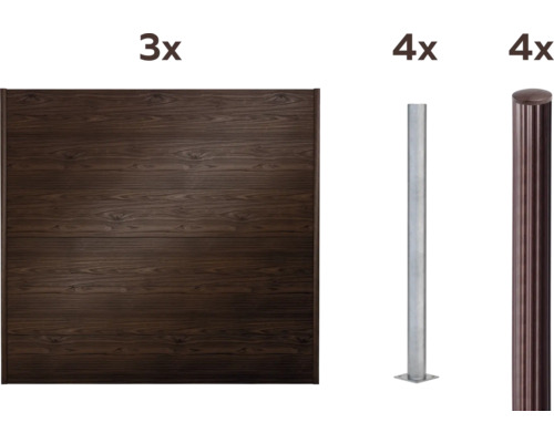Trois éléments de clôture en bois, quatre poteaux en acier et quatre poteaux de clôture avec capuchon