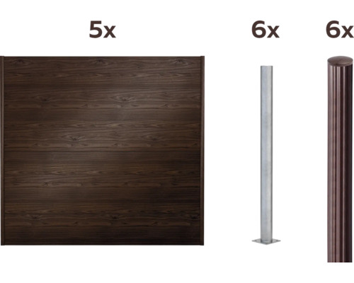 Ensemble complet de clôture comprenant cinq éléments de clôture, six poteaux de clôture et six capuchons