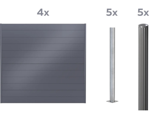 Quatre éléments de clôture et cinq poteaux avec et sans capuchon