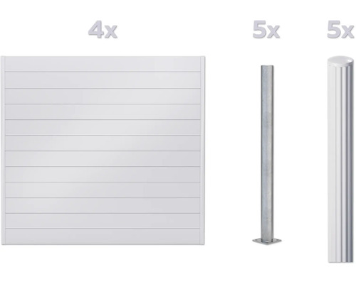 Quatre éléments de clôture et cinq poteaux de clôture métalliques