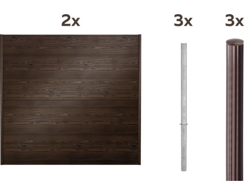 Deux éléments de clôture, trois poteaux de clôture en métal et trois poteaux de clôture à surface rainurée.